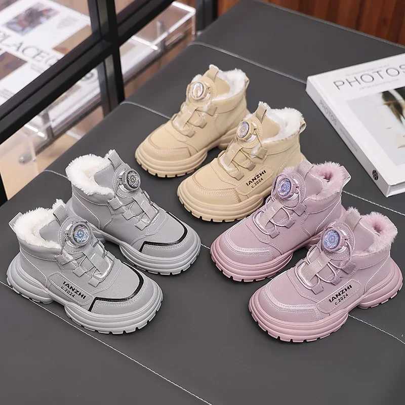 Boots Boys Girls Sneakers with Rotating Button Students Running Shoes Thick Soft Sole 2024 New Fashion Children Sports Non-slip H241212DS99