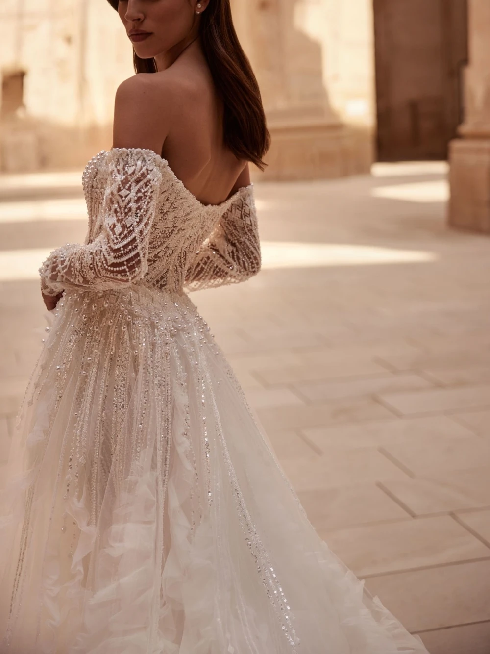 Off The Shoulder Bridal Dress Sequins Pearls Wedding Long Sleeves Ball Gown Detachable Train Vestido De Novia