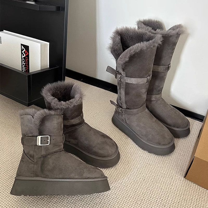 Grey thick sole fashion high tube plus cashmere warm snow boots 2025 winter new belt buckle short tube women's cotton shoes