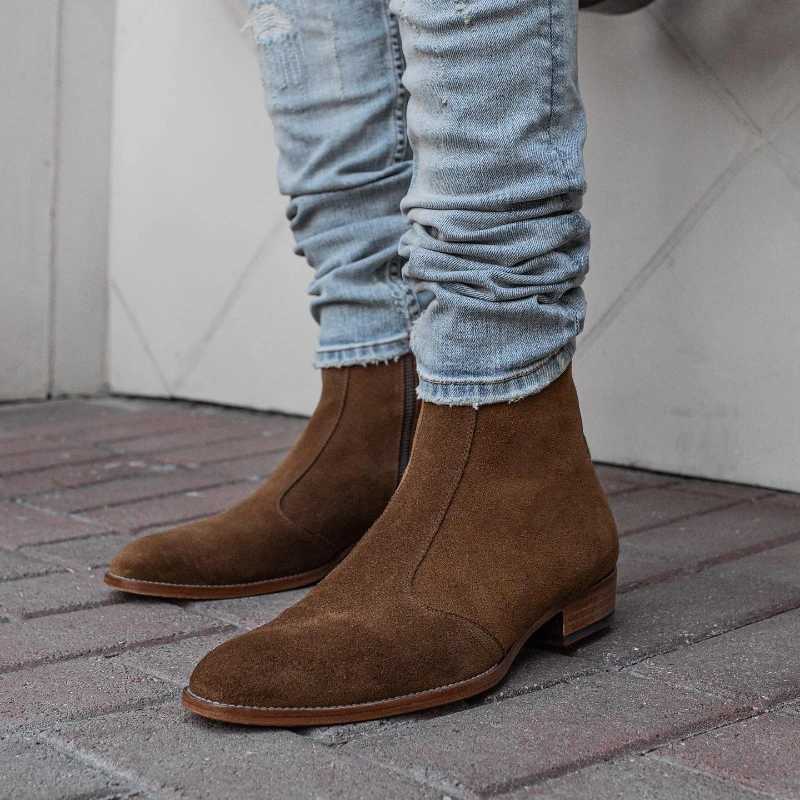 Chelsea Boots Men Faux Suede High Top Solid Low Heel Side Zipper Business Formal Boots Professial Classic Fi Denim BootsXJ241212
