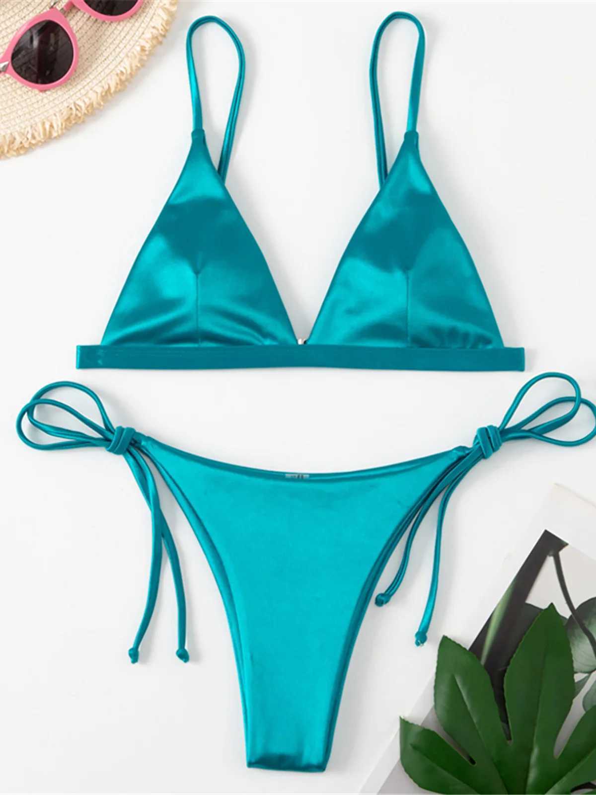 6 Colors Satin High g Cut Brazilian Bikini Women Swimwear Fa Swimsuit Two-pieces Bikini set Bather Bathing Suit Swim K4964XJ241212