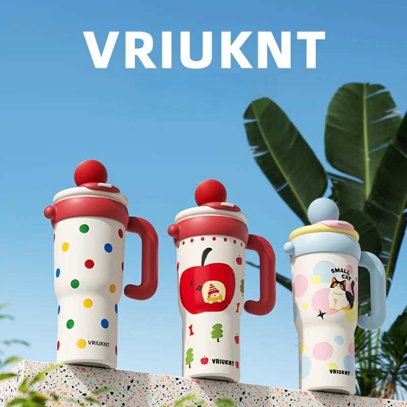 1Pc Girl Cute Stainless Steel Insulated Cup 1.2L Outdoor Travel Camping Portable Water Cup Car Cup with Handle Direct Drinking Straw Dual Use Y241211