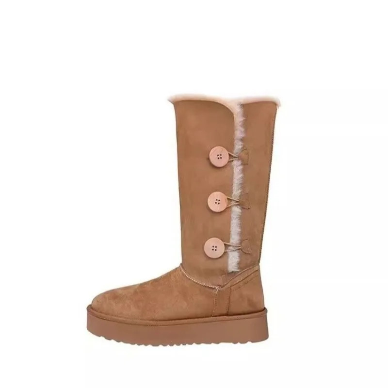 Ladies Shoes Mid-Calf Womens Boots Warm Snow Boots Women Buttons Round Toe Flat with Platform Slip on Outdoor Shoes Female 241211