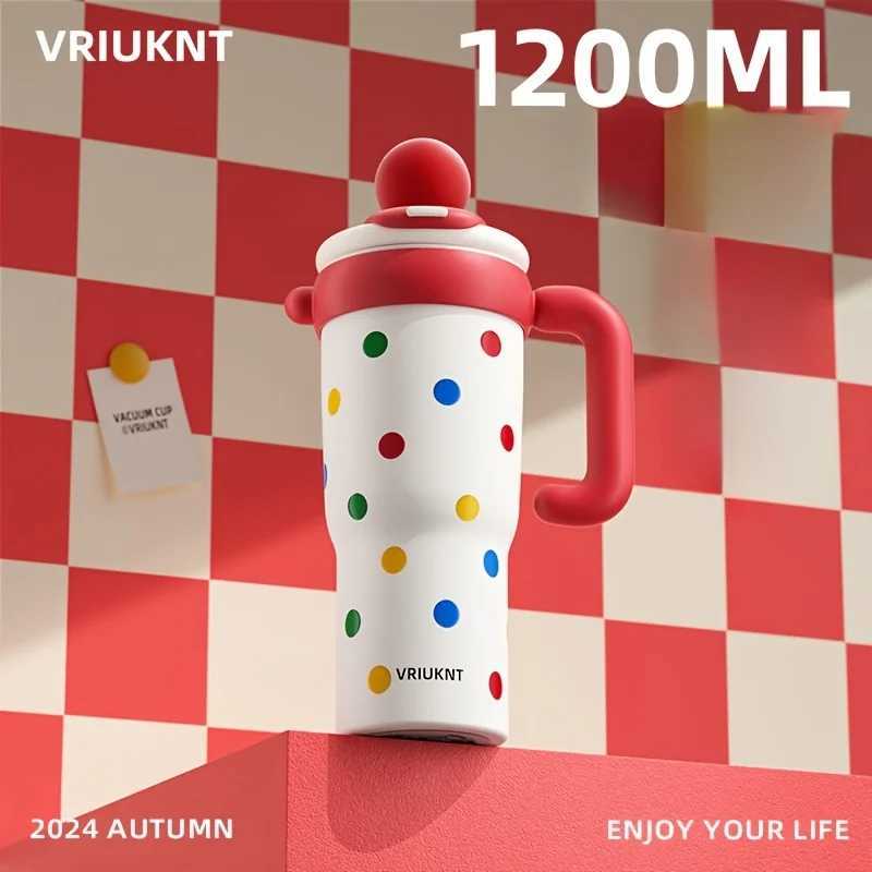 1Pc Girl Cute Stainless Steel Insulated Cup 1.2L Outdoor Travel Camping Portable Water Cup Car Cup with Handle Direct Drinking Straw Dual Use Y241211