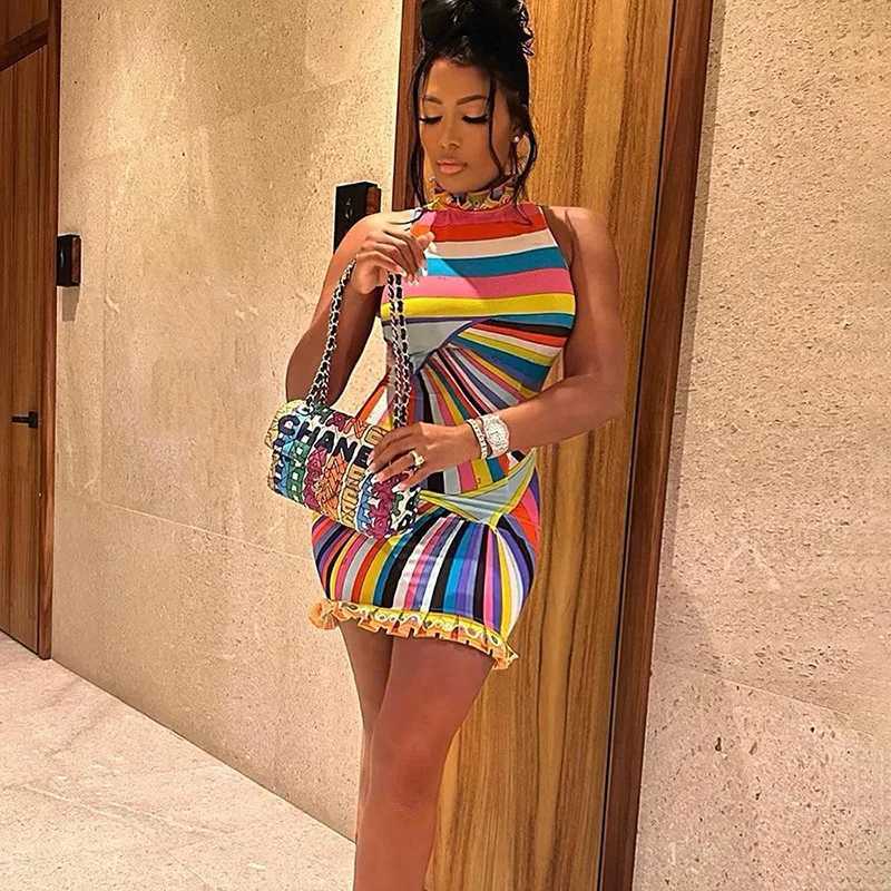 Urban Sexy Dresses Colorful Print Bodycon Mini Dresses Women Slveless Turtleneck Unique Ruched Trend Chic Birthday Party Hip Skirks Y24121275FB