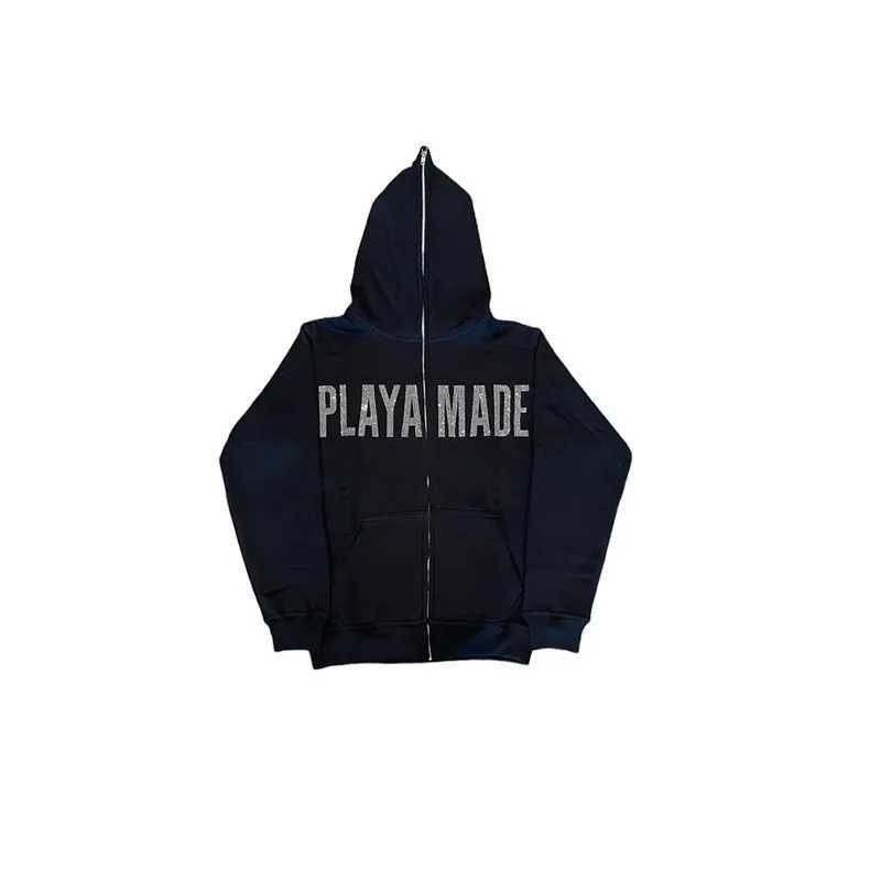 Men Y2K Fashion Hoodie Rhinestones letter graphics Print Zip Hoodie clothes Hoodies Goth Long Slve Sweatshirt Oversized TopC241211
