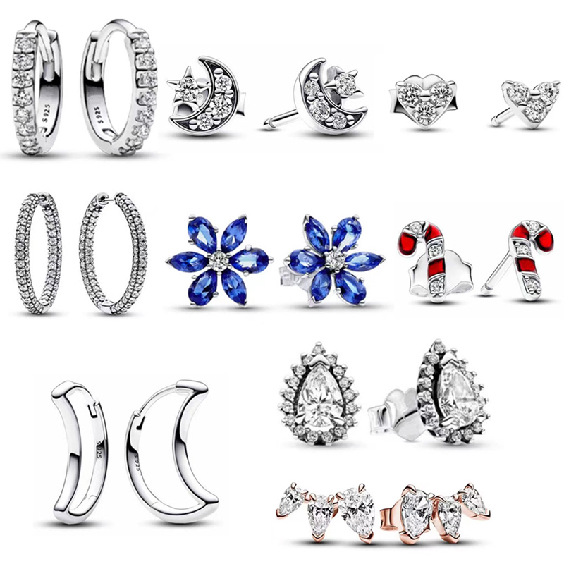 Trendy Luxury Designer Cute Moon Flower Stud Earrings s925 Sterling Silver Diamond CZ Women Birthday Christmas Wedding Gift Jewelry E028