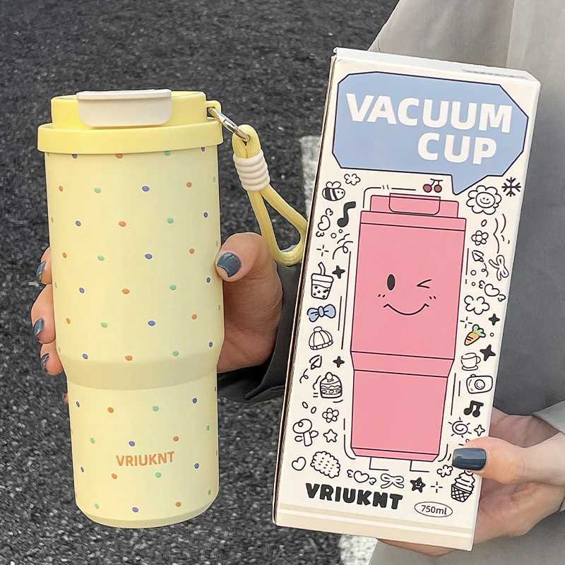 1Pc girl polka dot stainless steel insulated cup 750ml car cup desktop coffee cup water cup Y241211