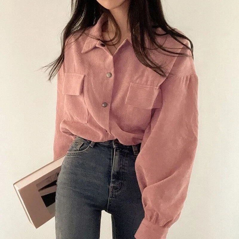 Rimocy Chic Pockets long sleeved cut shirt suitable for Corduroy Drawstring short Korean women wild solid color jacket 241211
