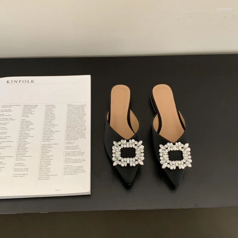Slippers Female Shoes Pointed Toe Casual Slides Shallow Thin Heels Jelly Flip ps Low 2024 Cover Glitter Crystal Rubber