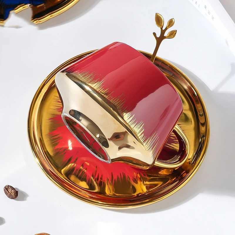 300ml Nordic Light Deluxe Gold Plated Coffee Cup Creative Premium He Ceramic Water Cup Simple Detachment Plate Set Y241211