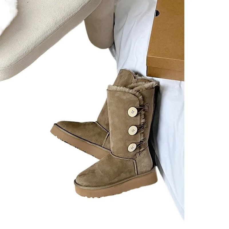Ladies Shoes Mid-Calf Womens Boots Warm Snow Boots Women Buttons Round Toe Flat with Platform Slip on Outdoor Shoes Female 241211