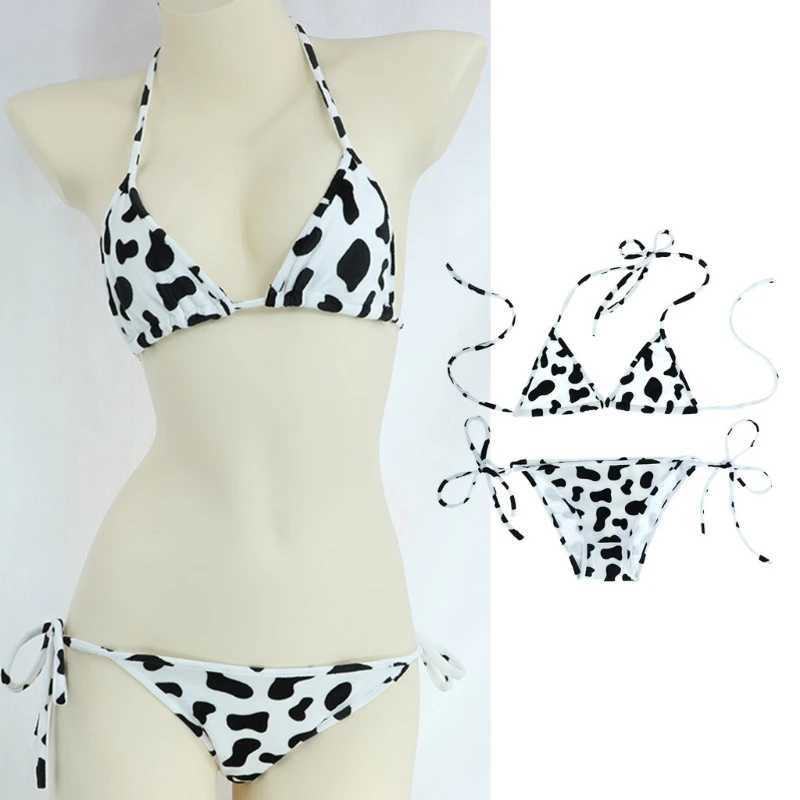 Womens Bikini Set Japanese Sty Cute Milk Cow Dotted Mini Bikini Sets Underwear Halter Neck Bras Top with Bris PantyXJ241212
