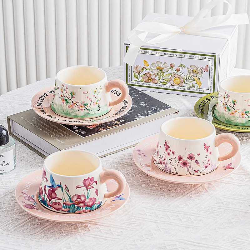 Vintage Ceramic Coffee Cup Exquisite Flower Pattern Ceramic G-Light Luxury Coffee Cup Tableware Set Gift Box Y241211
