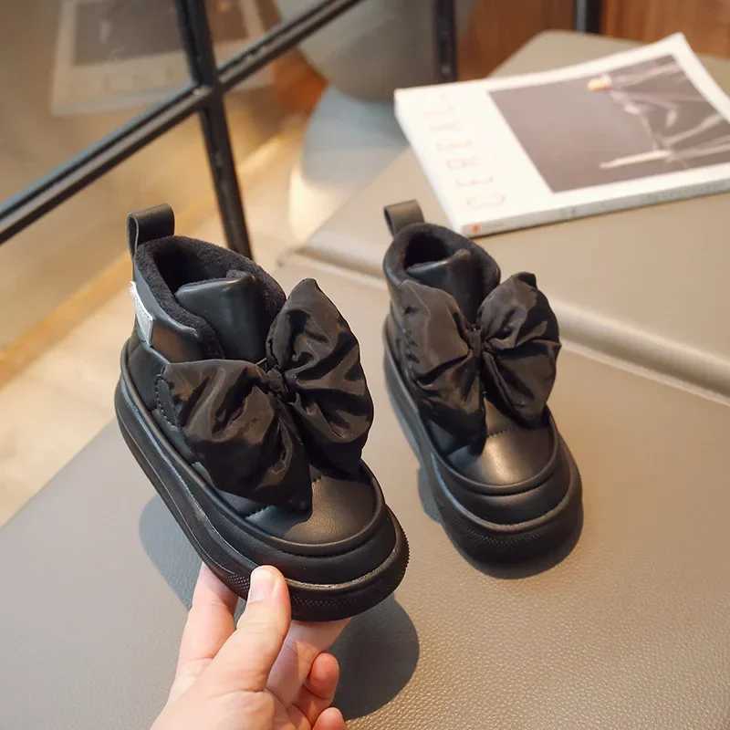 Boots Girls Bow Hook Loop Versatile Soft Princess Shoes Autumn Winter New Children Fashion Kids 2024 Non-slip H241212SY4A