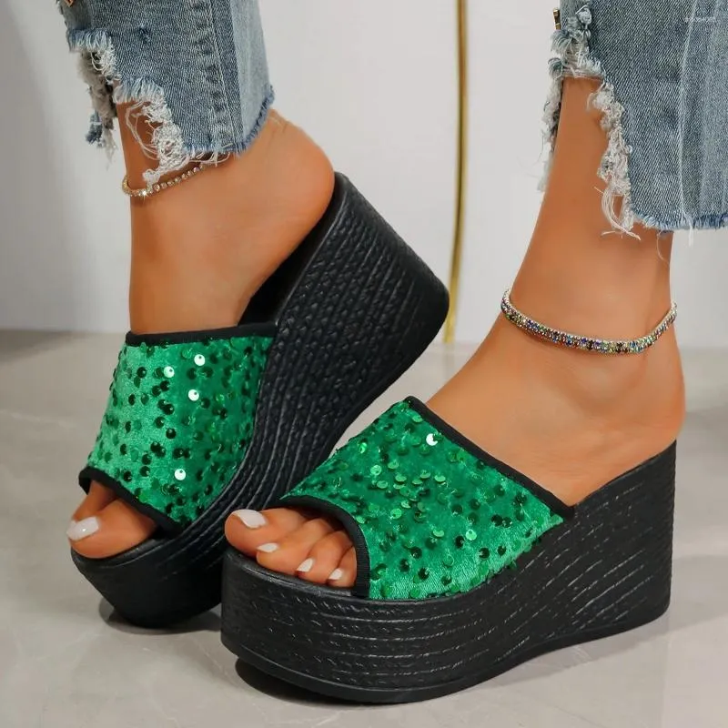 Slippers 2024 Women's Wedges Sequins High Heels Leisure Fashion Summer Sandals Outdoor Platform Mules Women