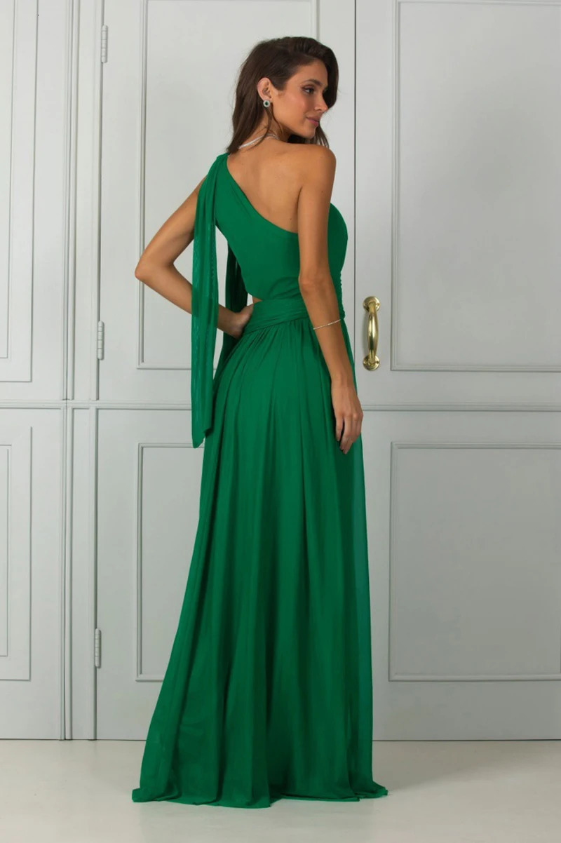 Fashionable Green Ribbon Party Sexy One Shoulder Hollow Evening Elegant Sleeveless Womens Ball Dress 241211