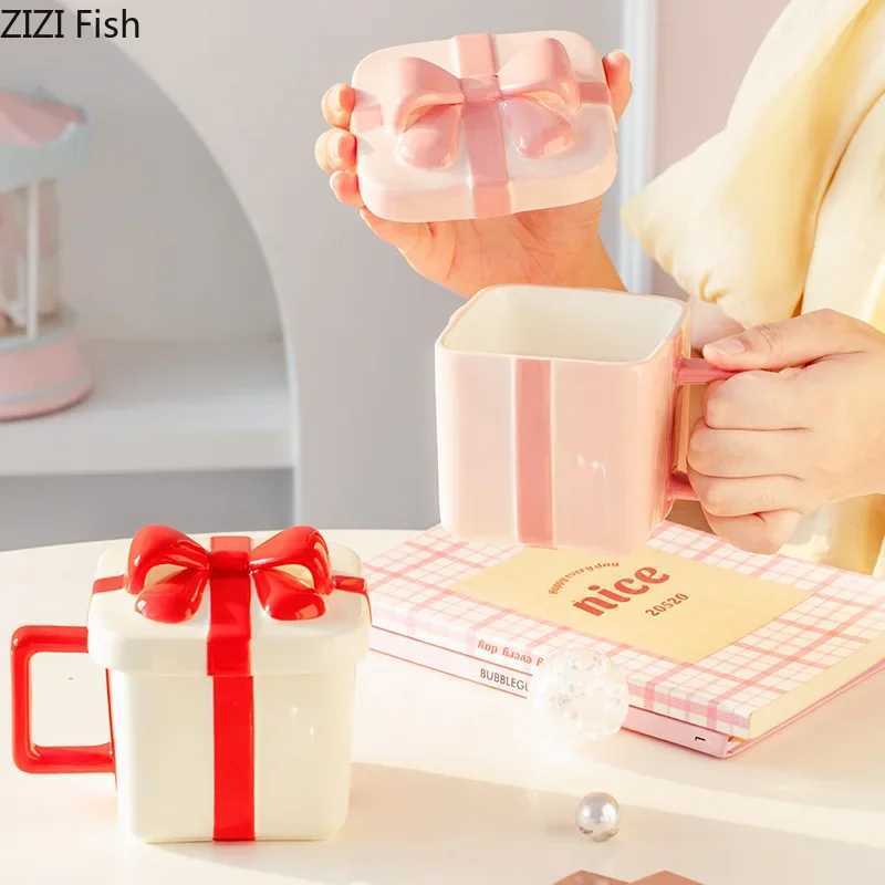 Creative gift box shape g ceramic water cup couple afternoon tea coffee cup set Nordic breakfast milk cup girlfriend gift Y241211