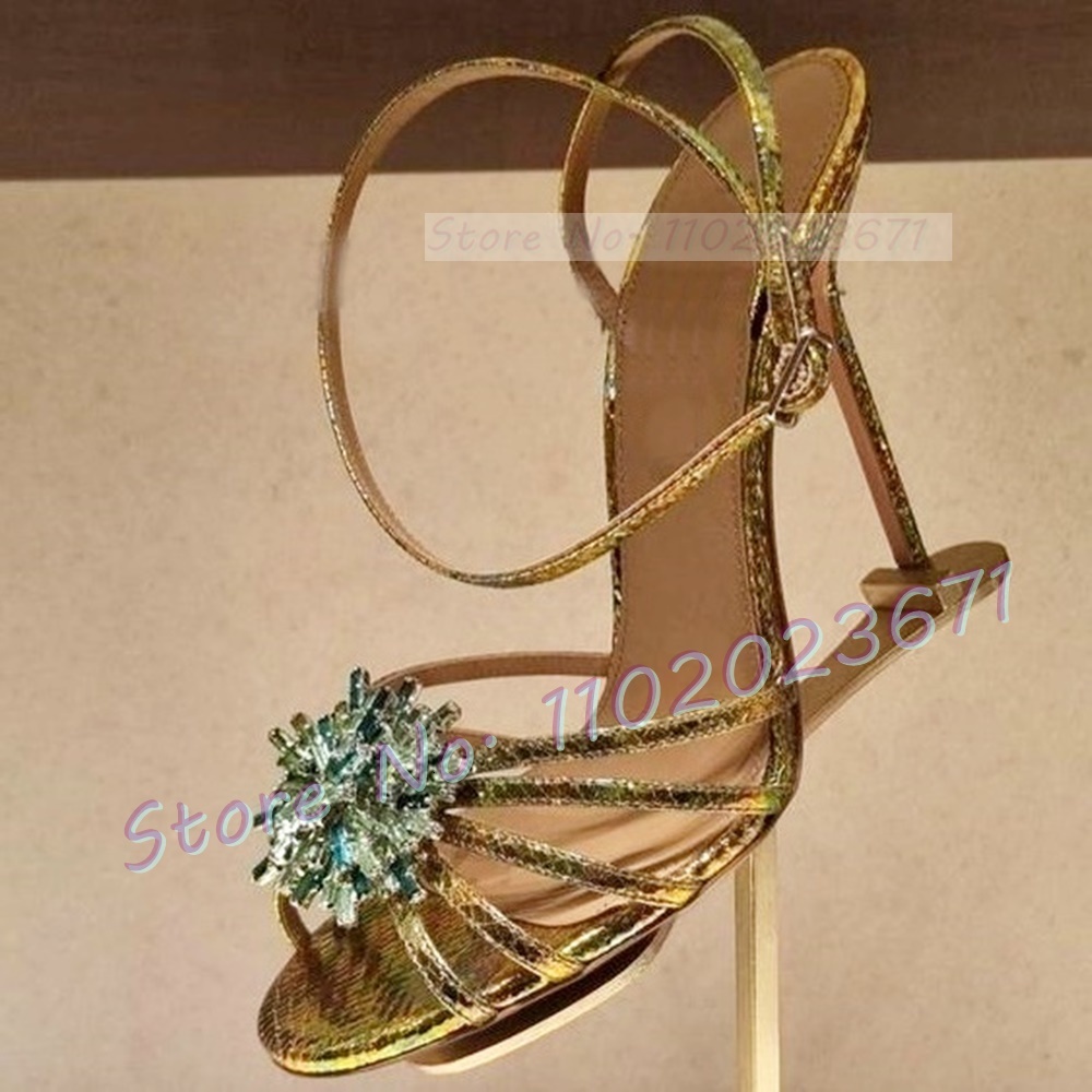 Colorful Wer Gold With High Heels Women Glossy Print Leather Shoes Fashion Party Female Ankle Strap Dress Sandals