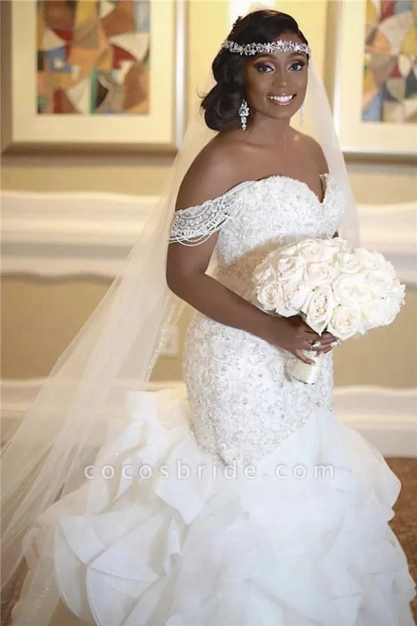 Exquite Ruffles White Mermaid Wedding Dresses Off The Shoulder Beaded Lace Appliques Long Bridal Gowns Tiered Long Train African Bride Formal Wear 202