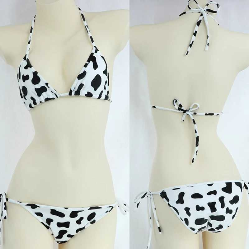 Womens Bikini Set Japanese Sty Cute Milk Cow Dotted Mini Bikini Sets Underwear Halter Neck Bras Top with Bris PantyXJ241212
