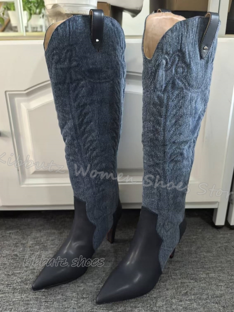 Totem Cowboy Knee High Boots Vintage Concise Elegant Fashion Slip-On Pointed Toe Thin Heels Women Shoes New Solid Color