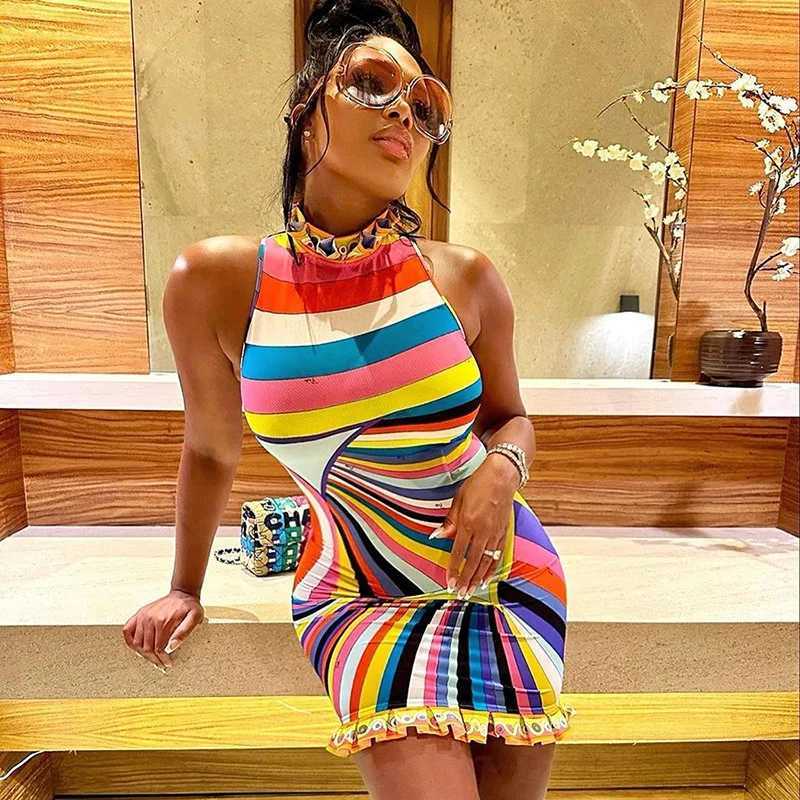 Urban Sexy Dresses Colorful Print Bodycon Mini Dresses Women Slveless Turtleneck Unique Ruched Trend Chic Birthday Party Hip Skirks Y24121275FB
