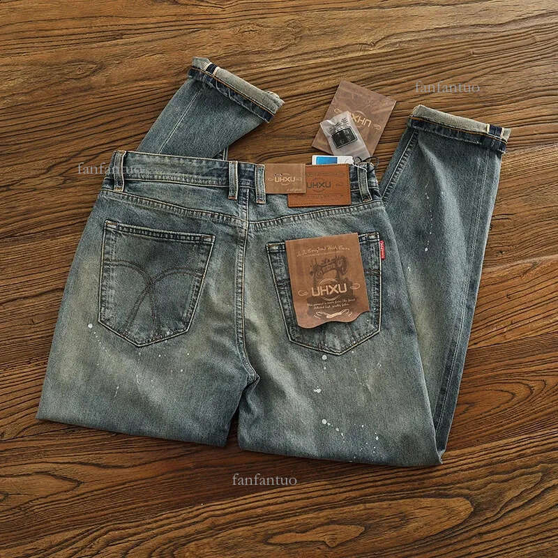 Red Selvedge Denim Jeans for Men High Quality 125oz Tapered Straight Pants WHISKER Painting Washed American Vintage Y2k 512 240816