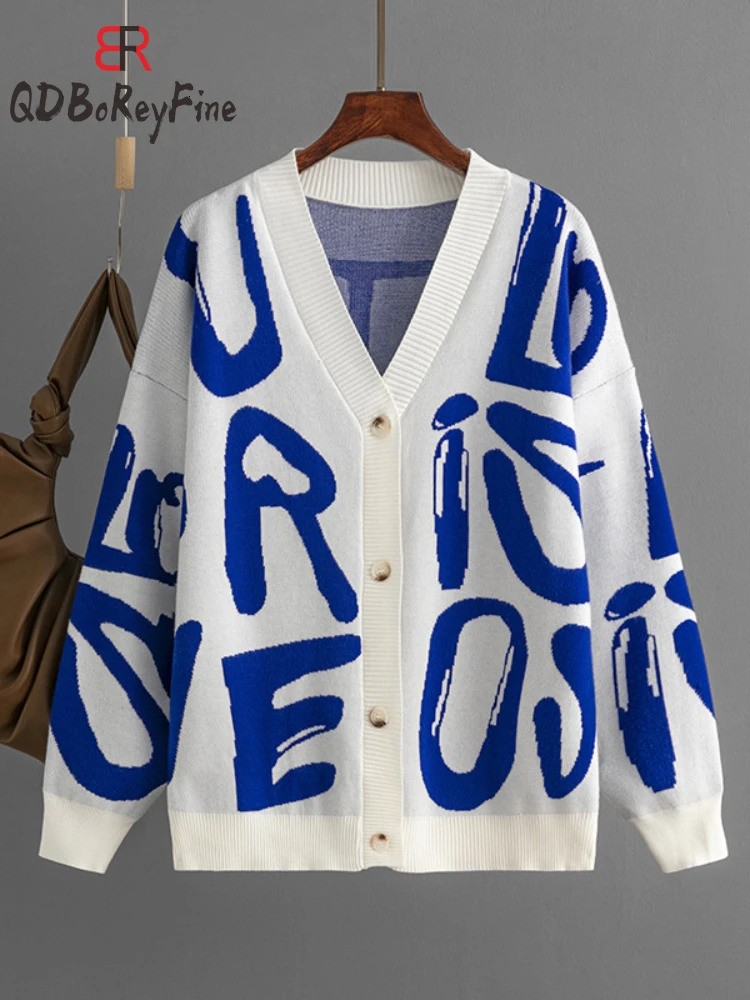 Winter Autumn Women Oversized Cardigan Letter Printed VNeck Korean Fashion Long Sleeve Tops Casual Knitted Sweater for 241211