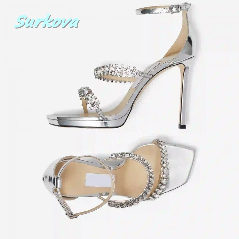 Sier Liquid Metal Sandals With Crystal Straps Solid Women Stiletto Leather Sole Square Toe Fashion Daily Party Commuting Shoes