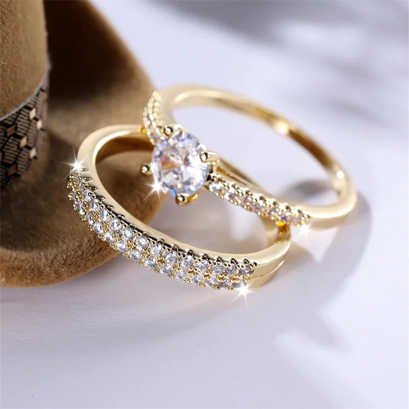 White Zircon Stacked Couple Ring Set 2 Womens Round Gold Bridal Rings Wedding Band Party Jewelry CZ 241210