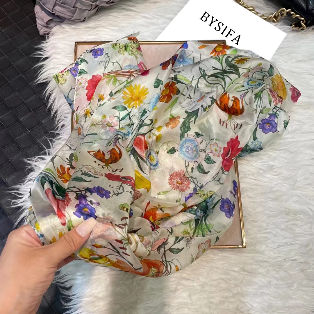 White 100% silk scarf womens scarf Bufandas summer beach shawl Foulard autumn and winter flower long neck scarf headscarf 241211