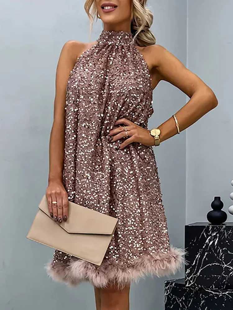 Urban Sexy Dresses 2025 Full Sequins Patchwork Tassel Party Dress Casual Women Summer Off Shoulder Dress Holiday Female Slveless Lacing Up Dress Y2412