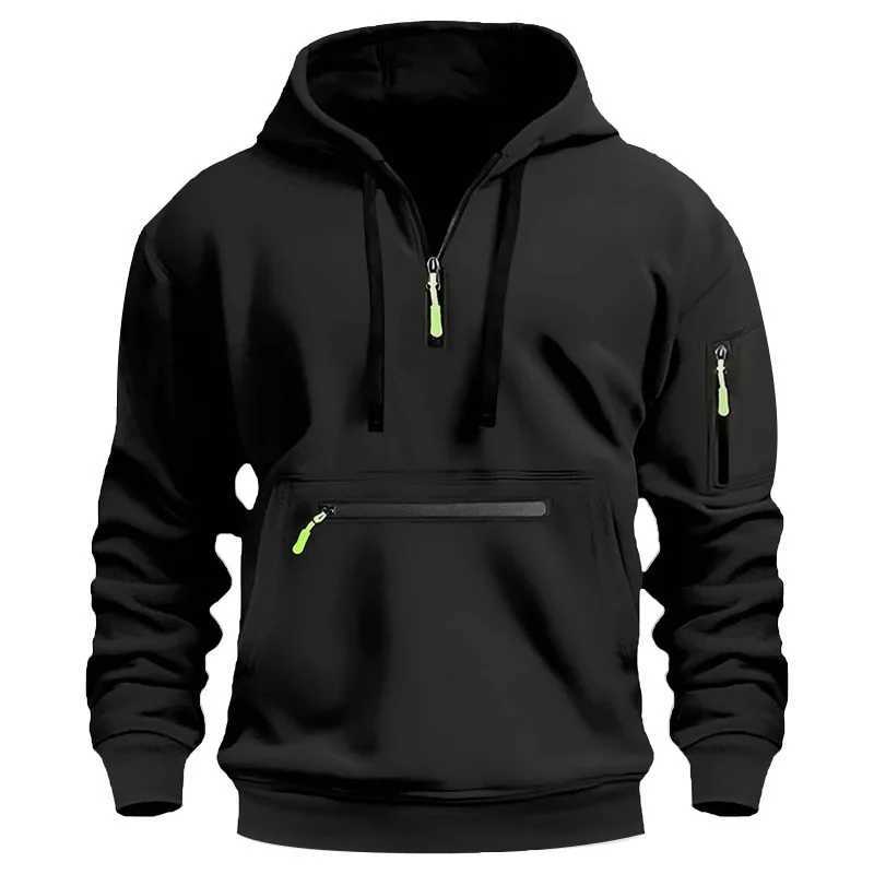 Mens casual sports hoodie spring and autumn fashion arm pocket drawstring cover solid color loose long sleeved shirt drawstring W2401211