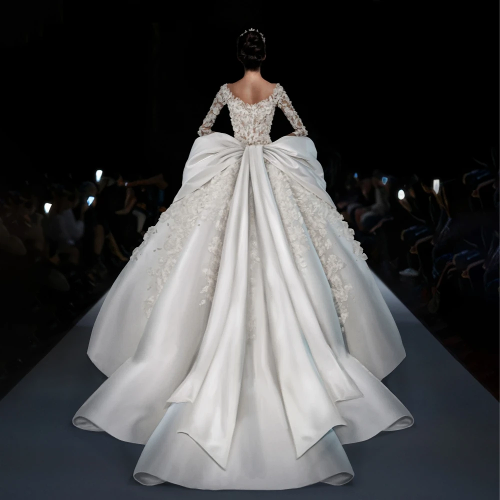 Elegant Ball Women Wedding Dress O Neck Long Sleeve Bridal Gown Appliques Bow Sweep Train Dresses Customized Vestido De Novia