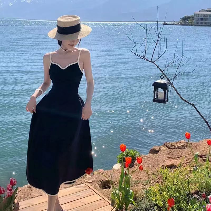 J161 Fashion French Elegant High-grade Dress Spring and Summer Large Size Hepburn Style Retro Suspender Long Dress Women