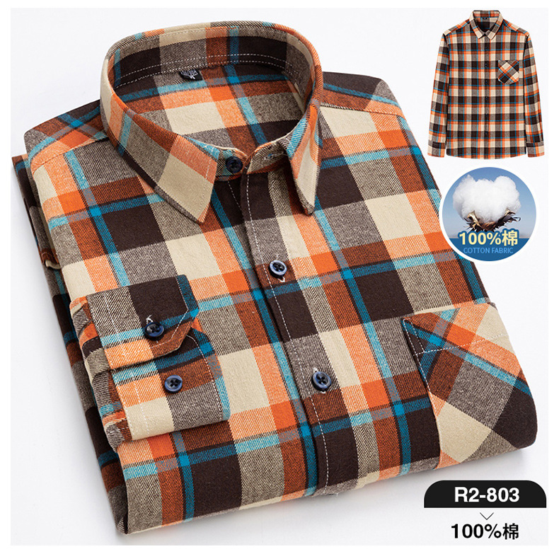 Men's Cotton Polished Plaid Shirt Long Sleeve Autumn Casual Business Pure Cotton Shirt Men Casual Shirts Fashion Tops Coats