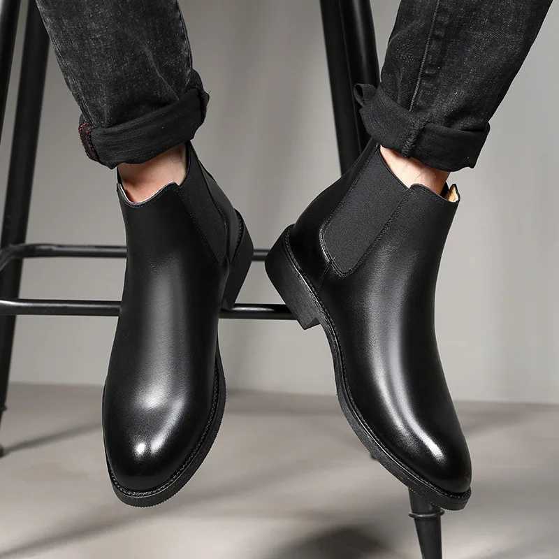 Mens Chelsea Boots Fi High-top Casual Leather Boot Luxury Business Dress Boots for Men Plush Warm Winter Boot Botas HombreXJ241212