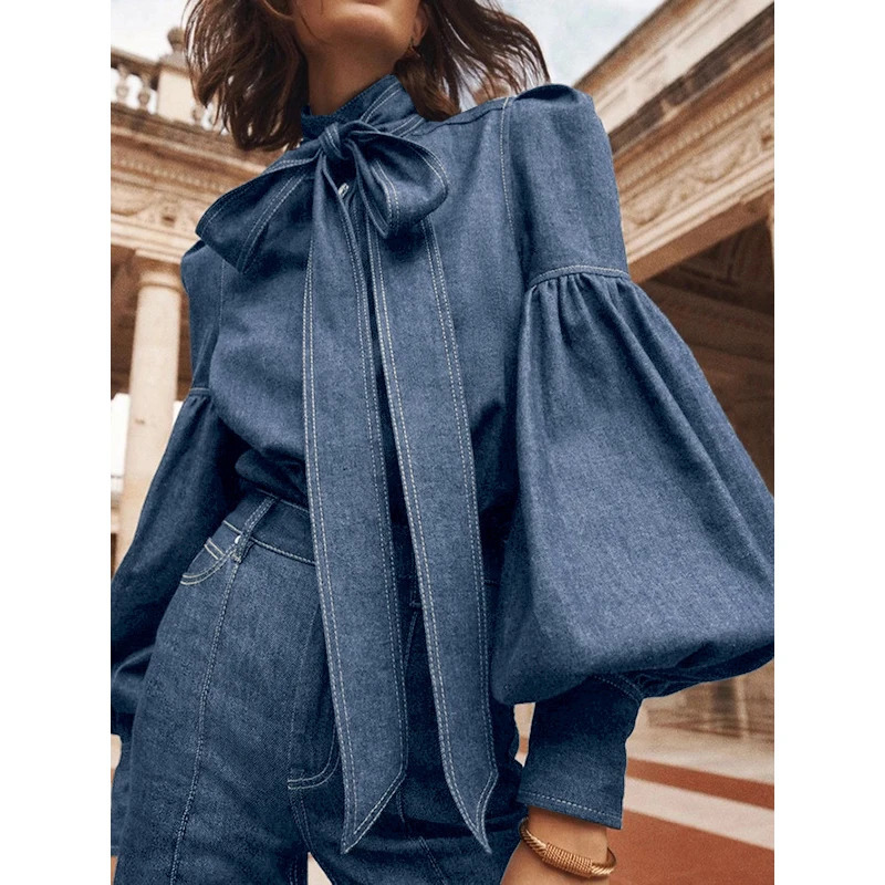 Gymstars trend s denim shirt top womens long puff sleeves bow tie high neck womens autumn shirt 241211