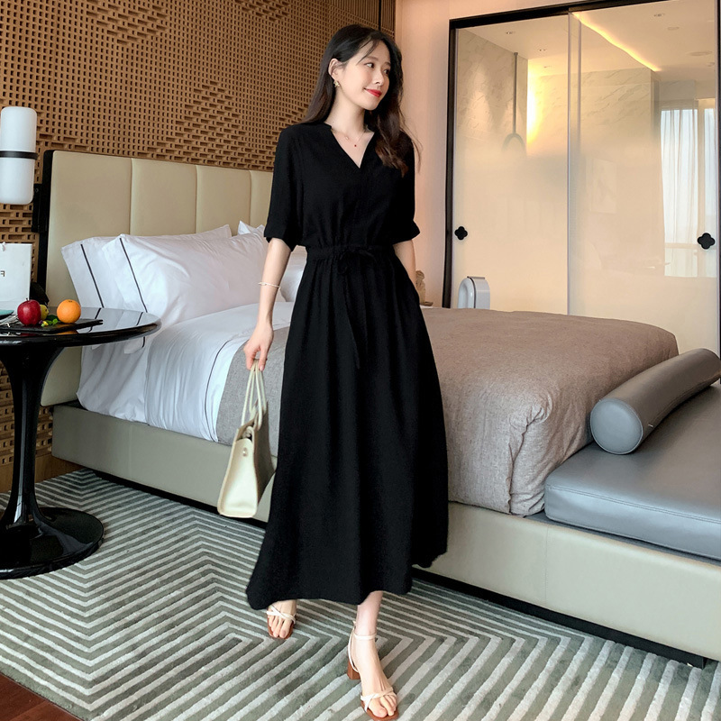 L1011 Summer Hepburn style black v-neck chiffon dress waist slimming temperament fat plus size long skirt female dress