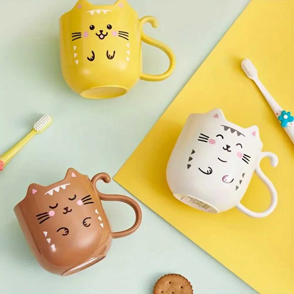 1 cute cartoon cat g childrens creative gift perfect for his travels thick plastic face cup for brushing teeth and rinsing mouth Y241211