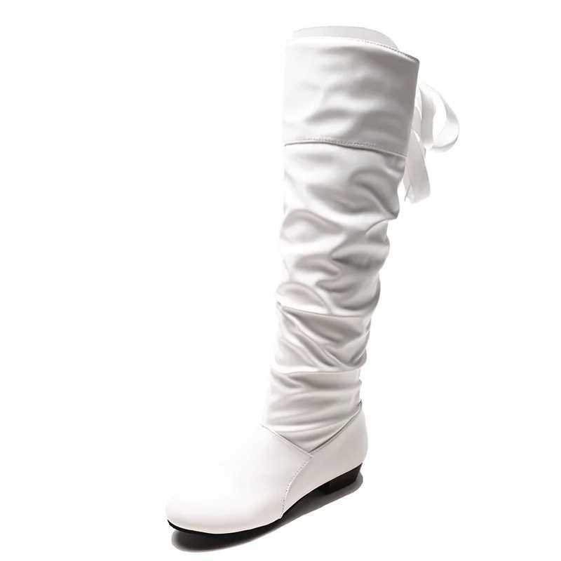 Wen 2023 Spring Knee hot High Red Black White Tall Boots Wan Pleated Low Heel Casual Leather Fem Long Shoes Z241212