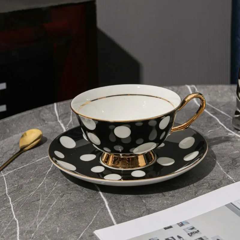 European style black and white polka dot gold-plated bone coffee cup -200ml lightweight luxury afternoon tea g used for coffee Y241211