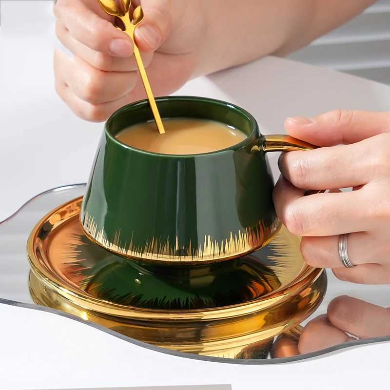 300ml Nordic Light Deluxe Gold Plated Coffee Cup Creative Premium He Ceramic Water Cup Simple Detachment Plate Set Y241211