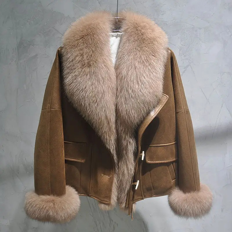 Full leather big fur collar coat womens short 2025 winter padded clothing fashion T790 241212