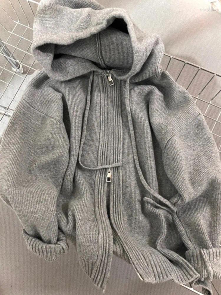 Womens Hoodies Knitted For Women Vintage Casual Fashion Sweatshirts Solid Loose Long Sleeve Zipper 2024 Autumn Winter