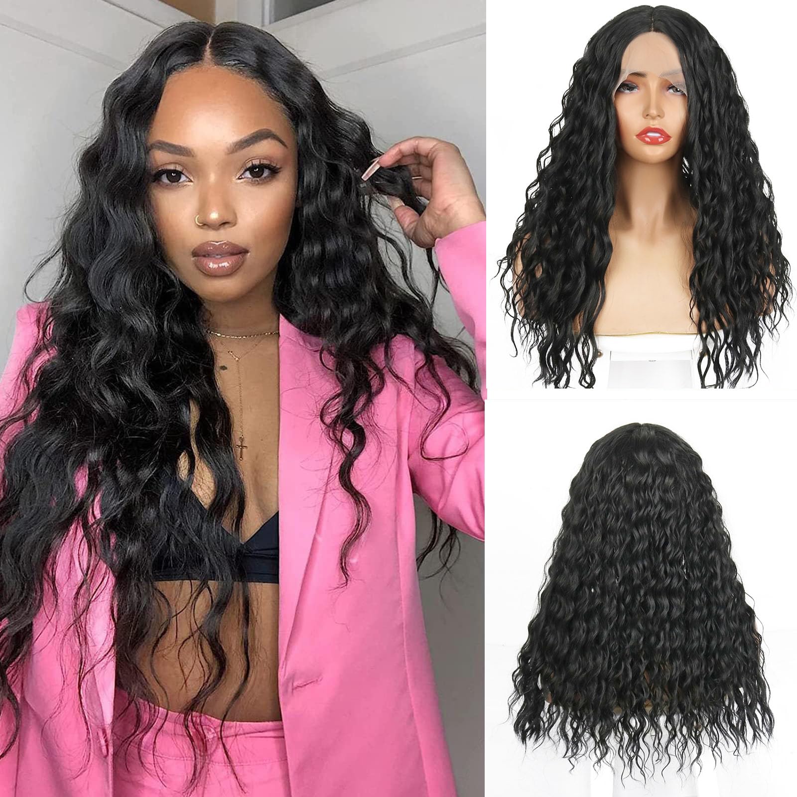 34Inch Long Natural Deep Wave Synthetic Wig 13x4Lace Front Black Curly Wigs 200Density Heat Resistant Fiber For Black Women