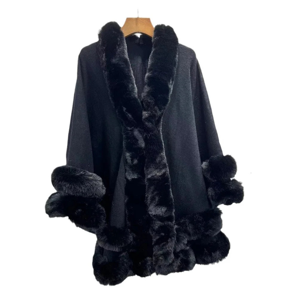 Womens thick and warm cashmere raincoat shawl 2-loop synthetic fur collar large bell swing shawl loose coat cape winter 241212