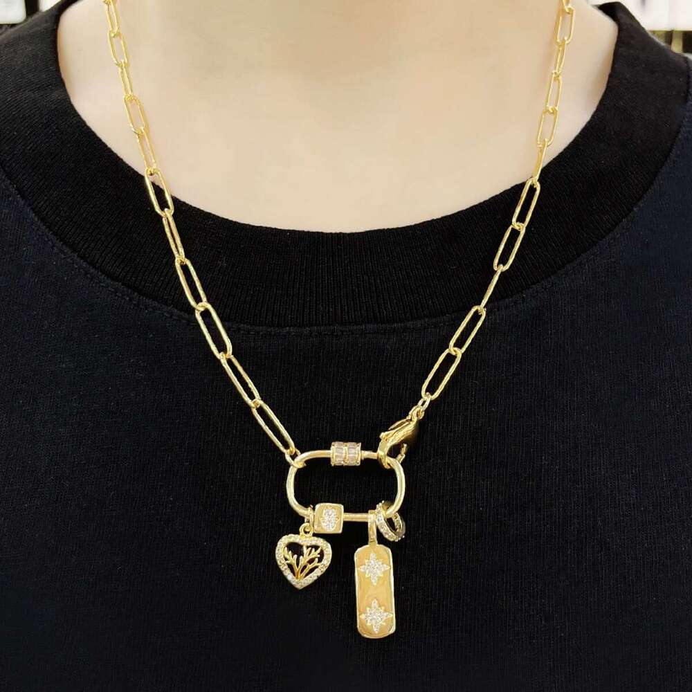 Unique Design Women Screw Lock Zircon Heart Pendant Necklace Gold Color Paper Clip Chain Necklaces Jewelry Party Gift