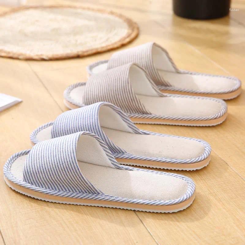 Slippers 2024 All Seasons Women's Linen Men Comfortable Slides Adults Open Toe Soft Flats Silent Home Sandals Couples Shoes